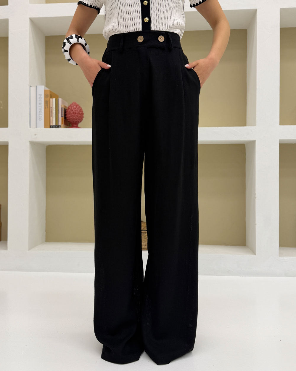 Pantalone eff.Lino TG UNICA Nero