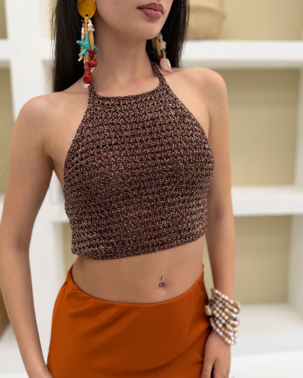 Top halter lurex Marrone