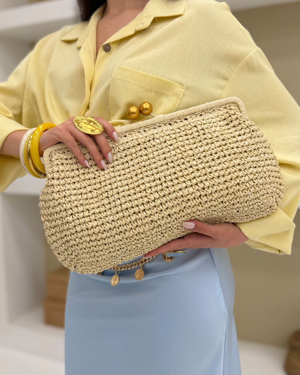 Pochette Le Bebè Raffia Panna