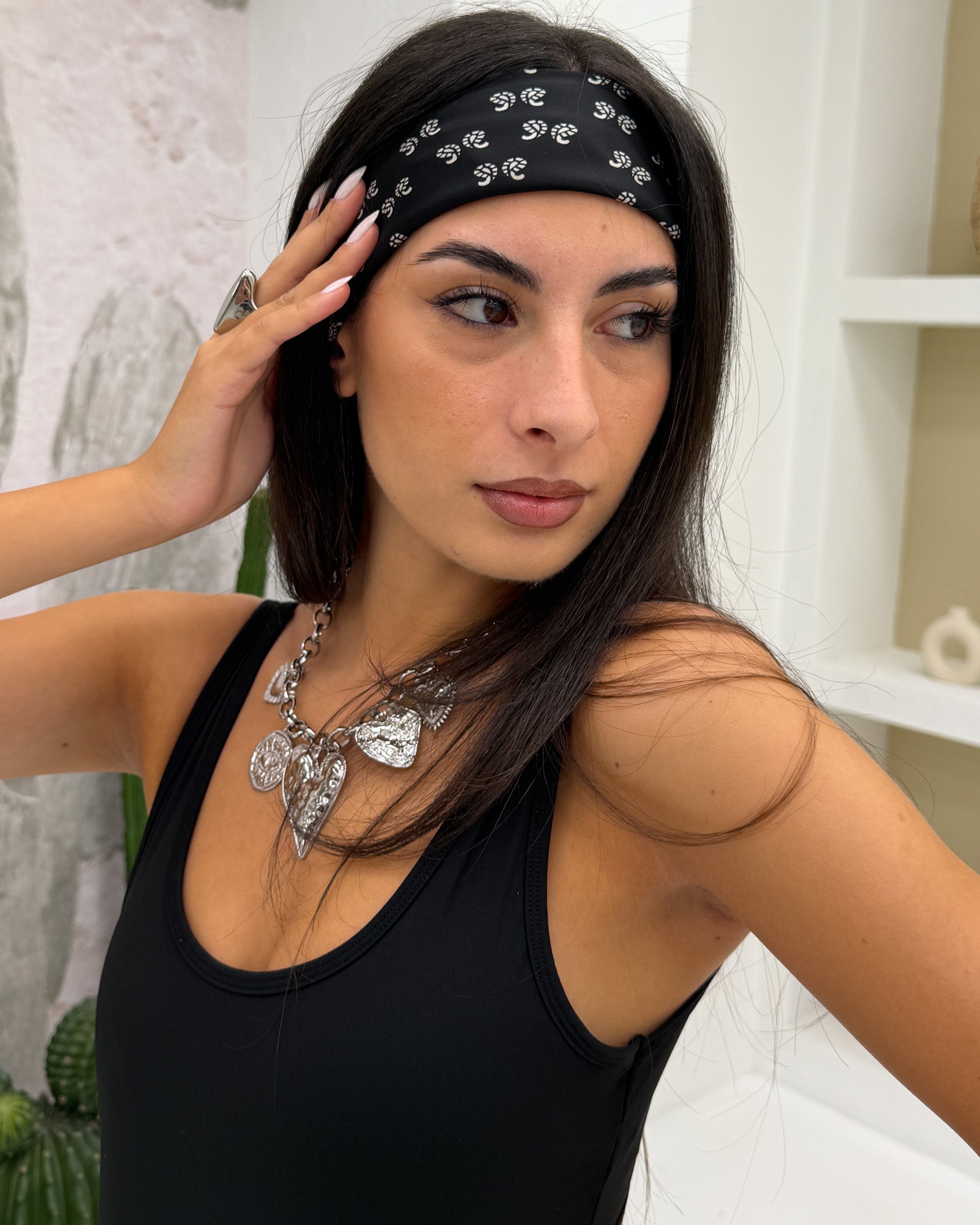 Foulard Satin Art Decò Paisley Nero