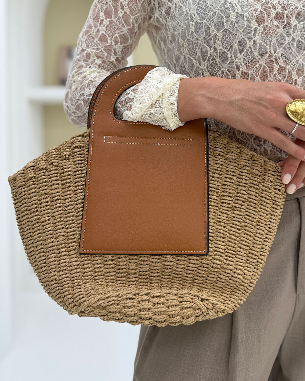 Borsa cestino rafia&ecopelle Beige
