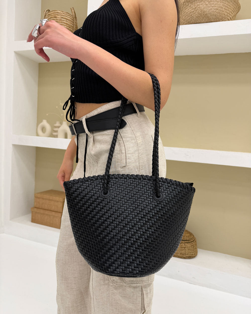 Borsa Cestino Intrecciato Nero