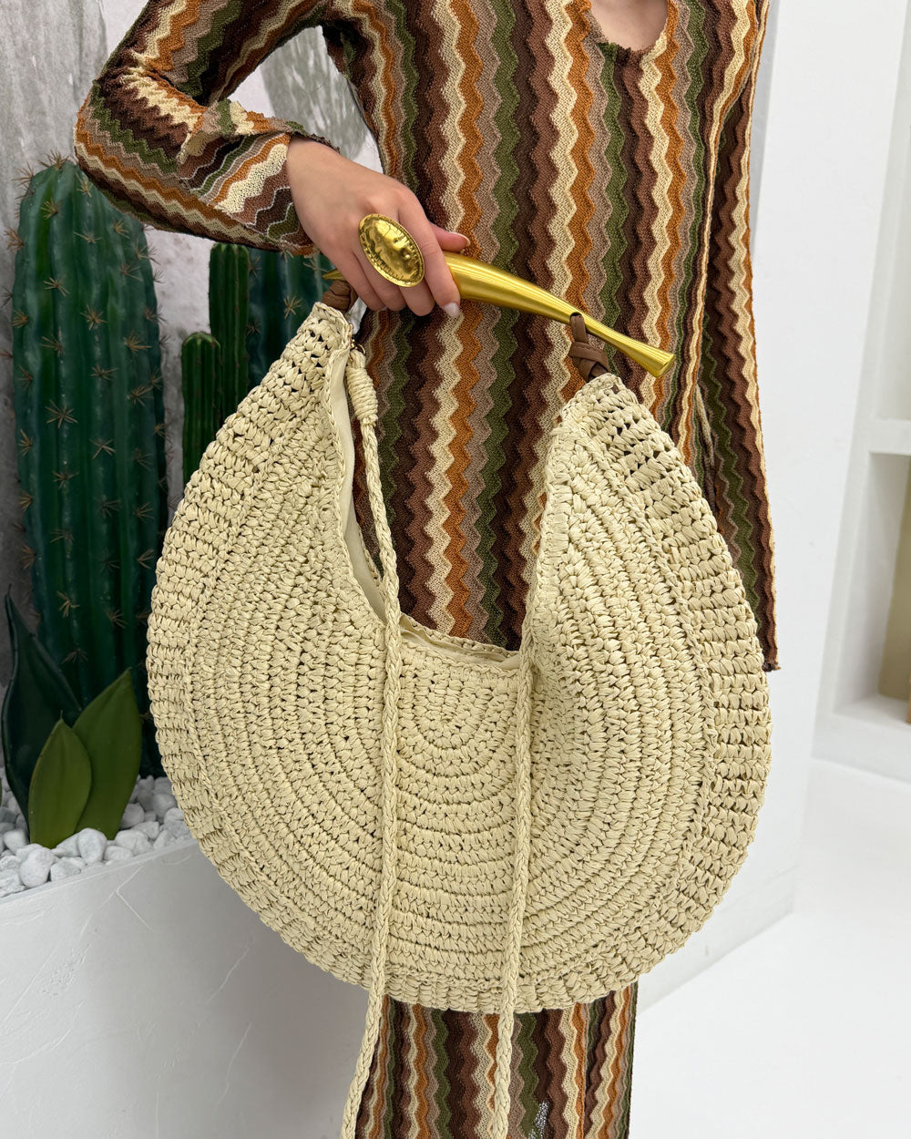 Borsa Raffia Ovale Manico Beige