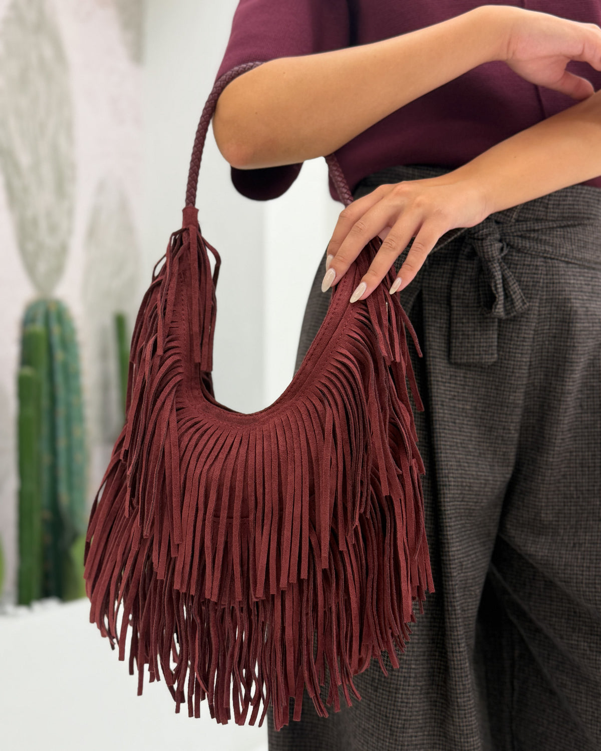 Borsa Mezzaluna Frange Camoscio Bordeaux