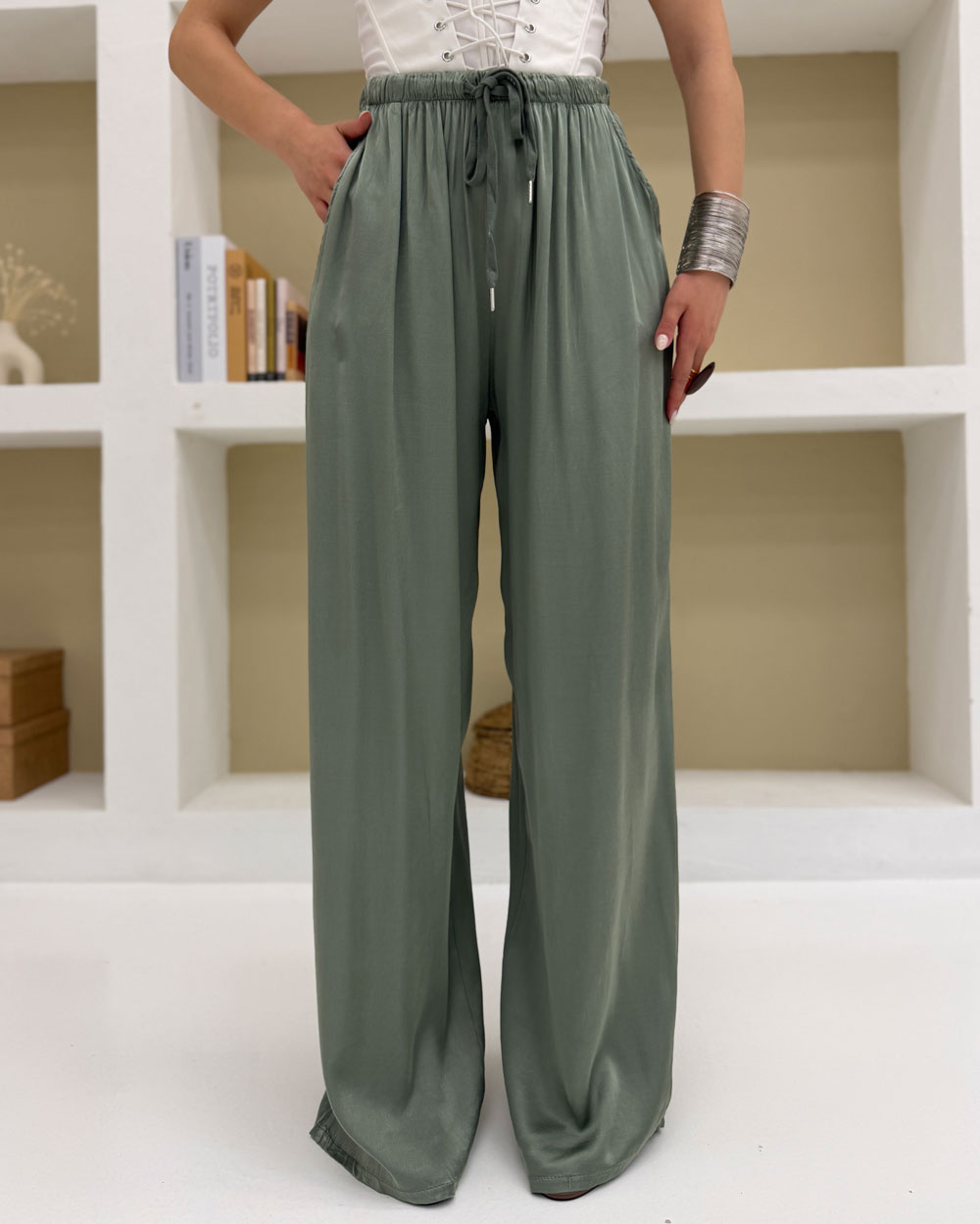 Pantalone palazzo viscosa Verde Militare