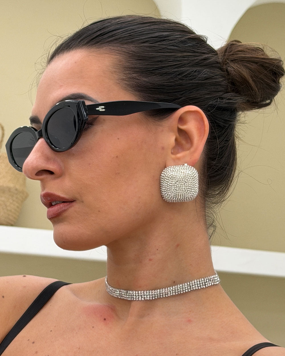 Orecchini Bottone Strass Argento