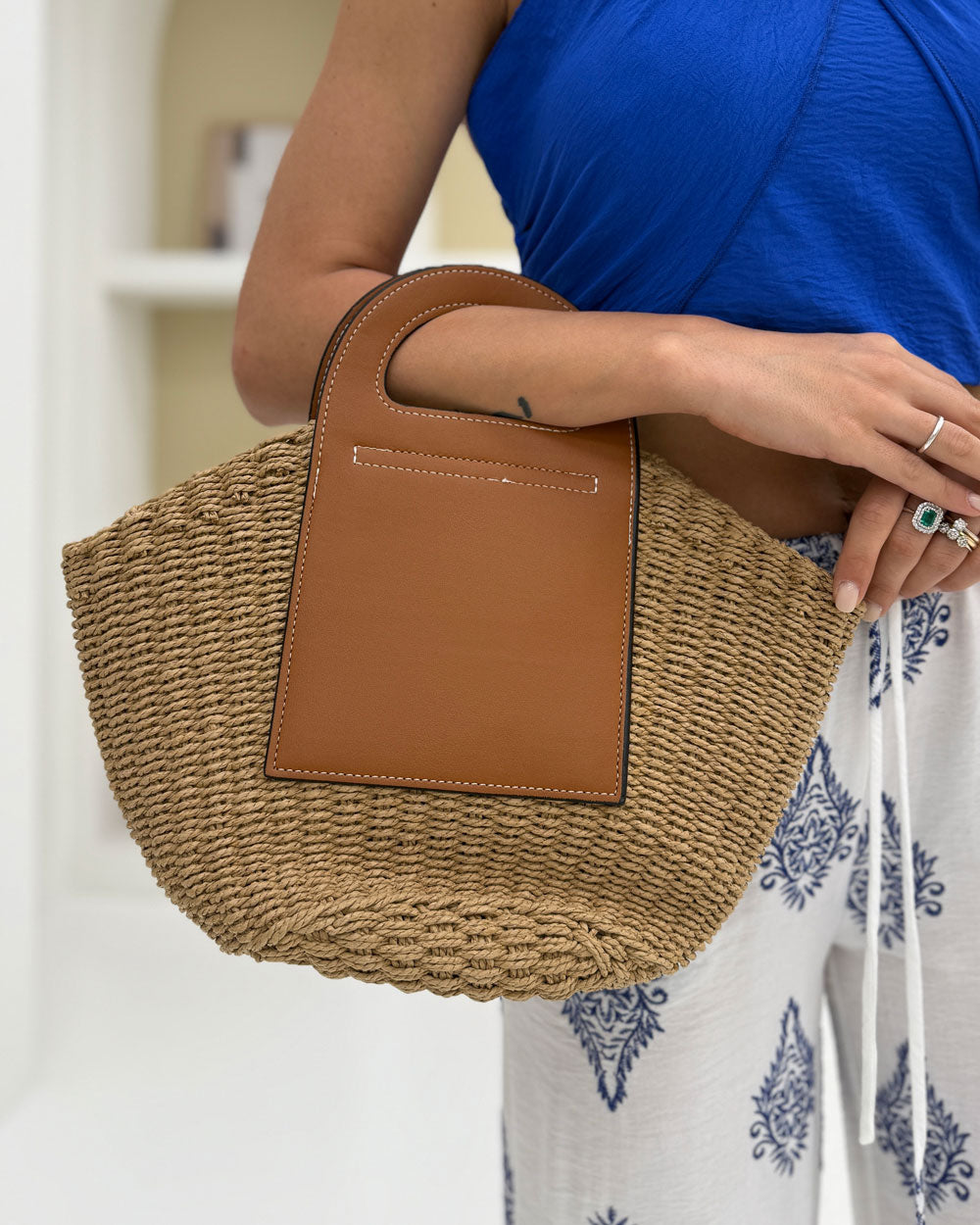 Borsa cestino rafia&ecopelle Beige