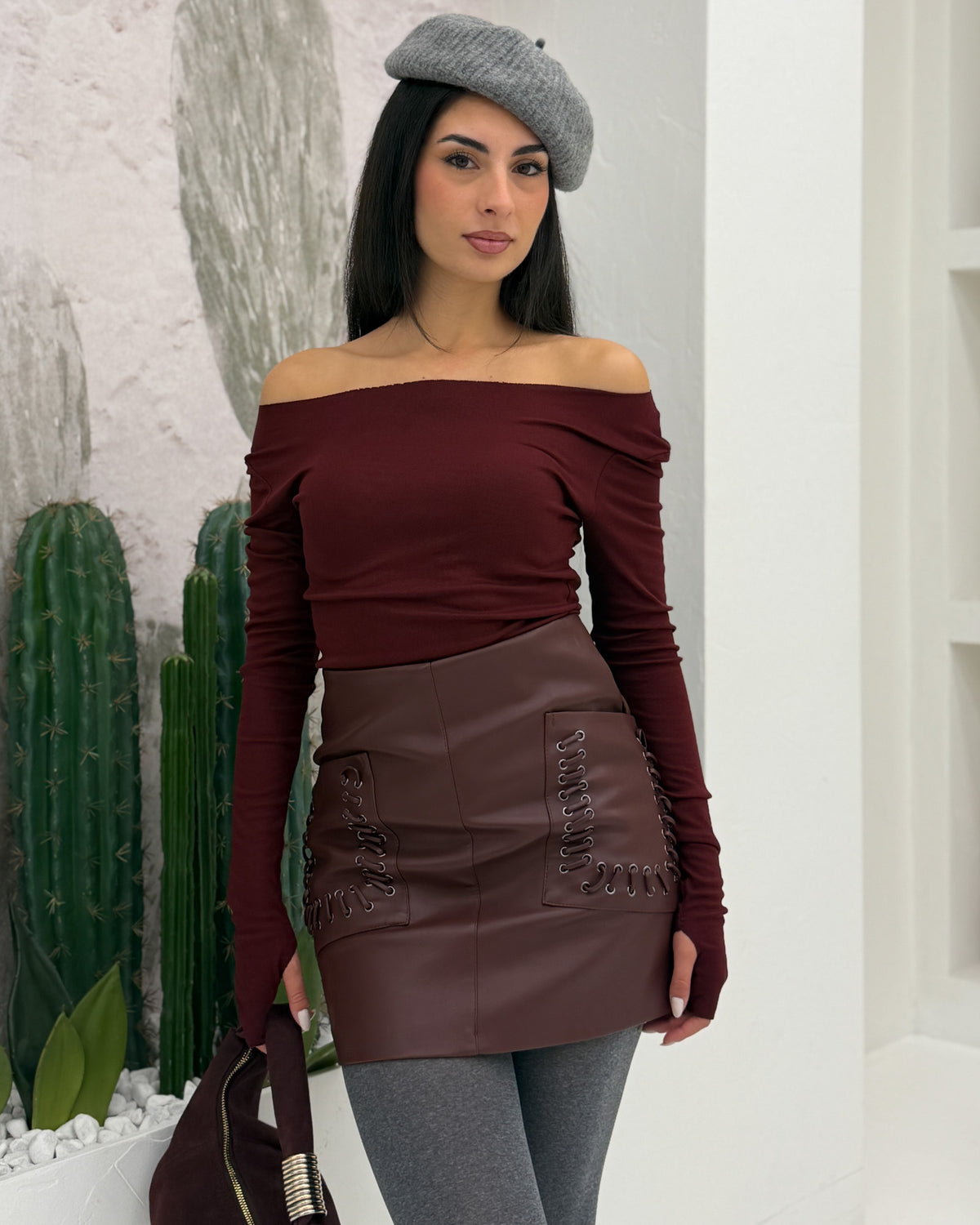 Gonna mini eco lacci Bordeaux