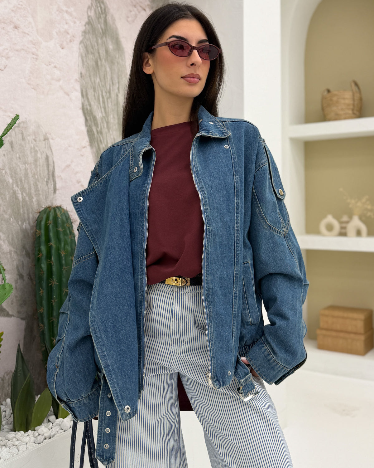 Bomber denim collo alto Blu