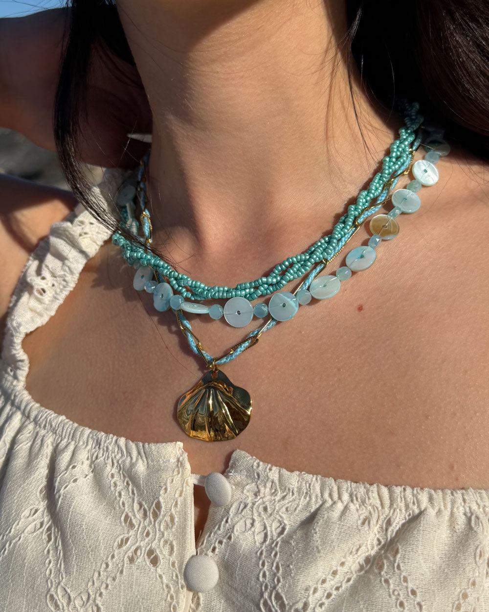 Collana Perline/Bottoni Celeste