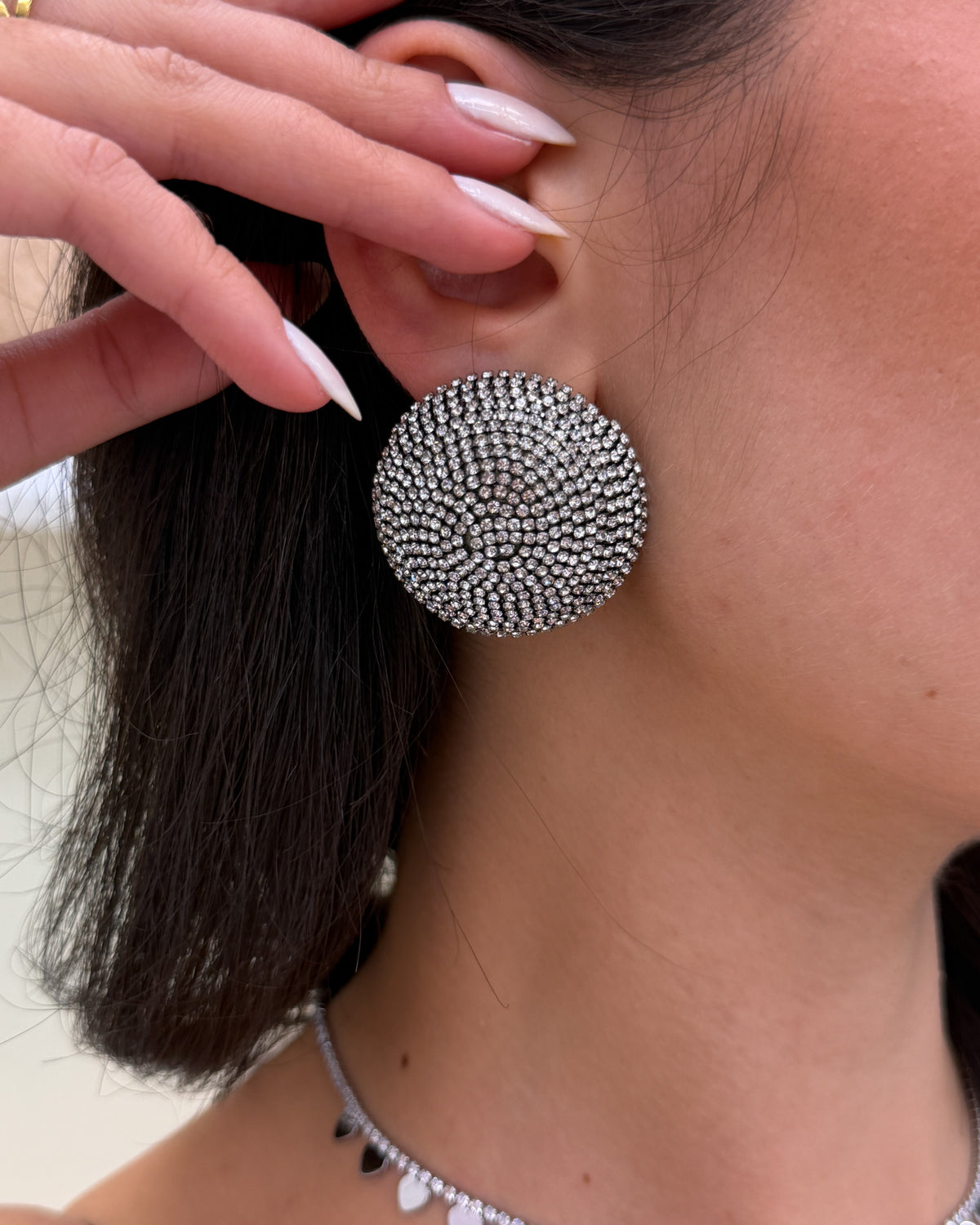Orecchini bottone tondo strass Argento
