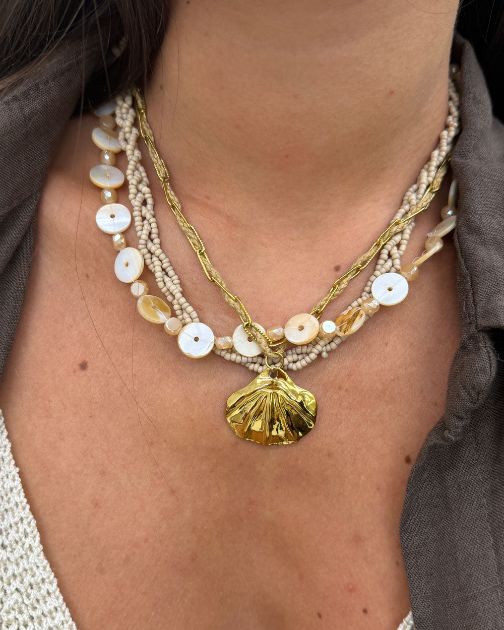 Collana Perline/Bottoni Beige