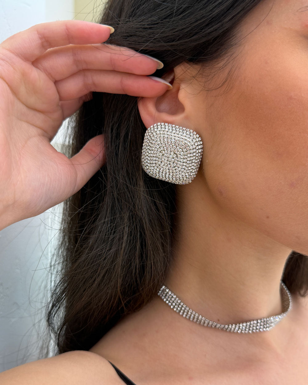 Orecchini Bottone Strass Argento