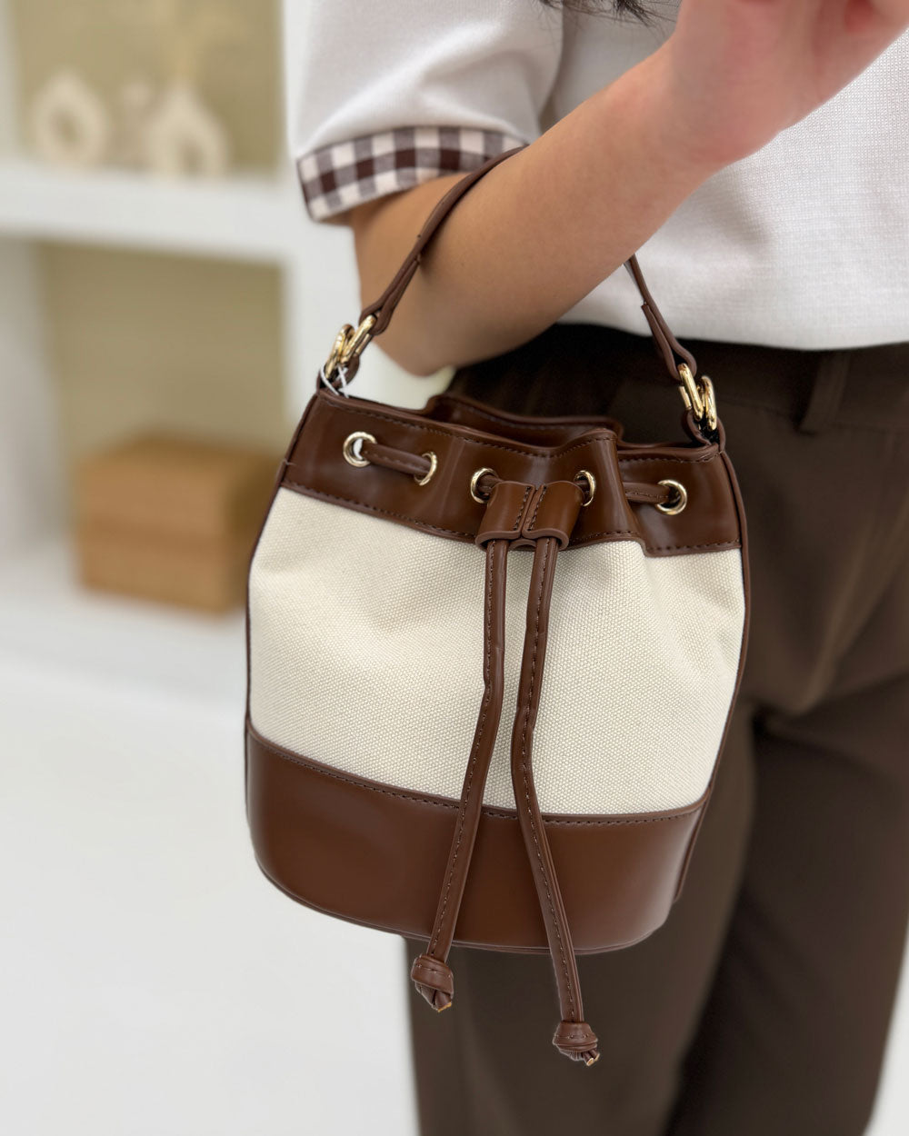 Borsa Secchiello Inserti Pelle Marrone