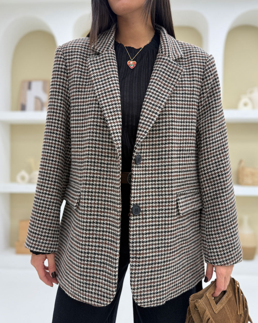 Blazer pesante Pied de Poule Marrone
