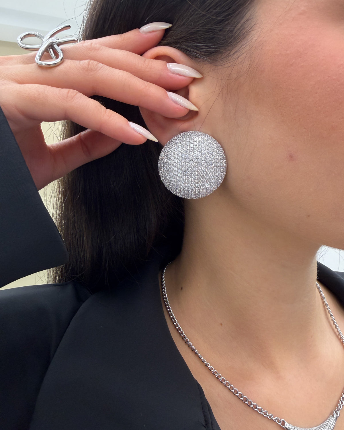 Orecchini CLIP Bottone strass Argento
