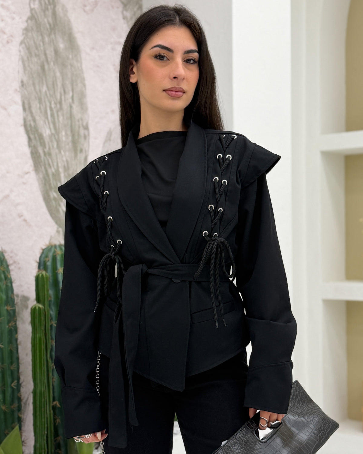 Blazer lacci con cintura Nero