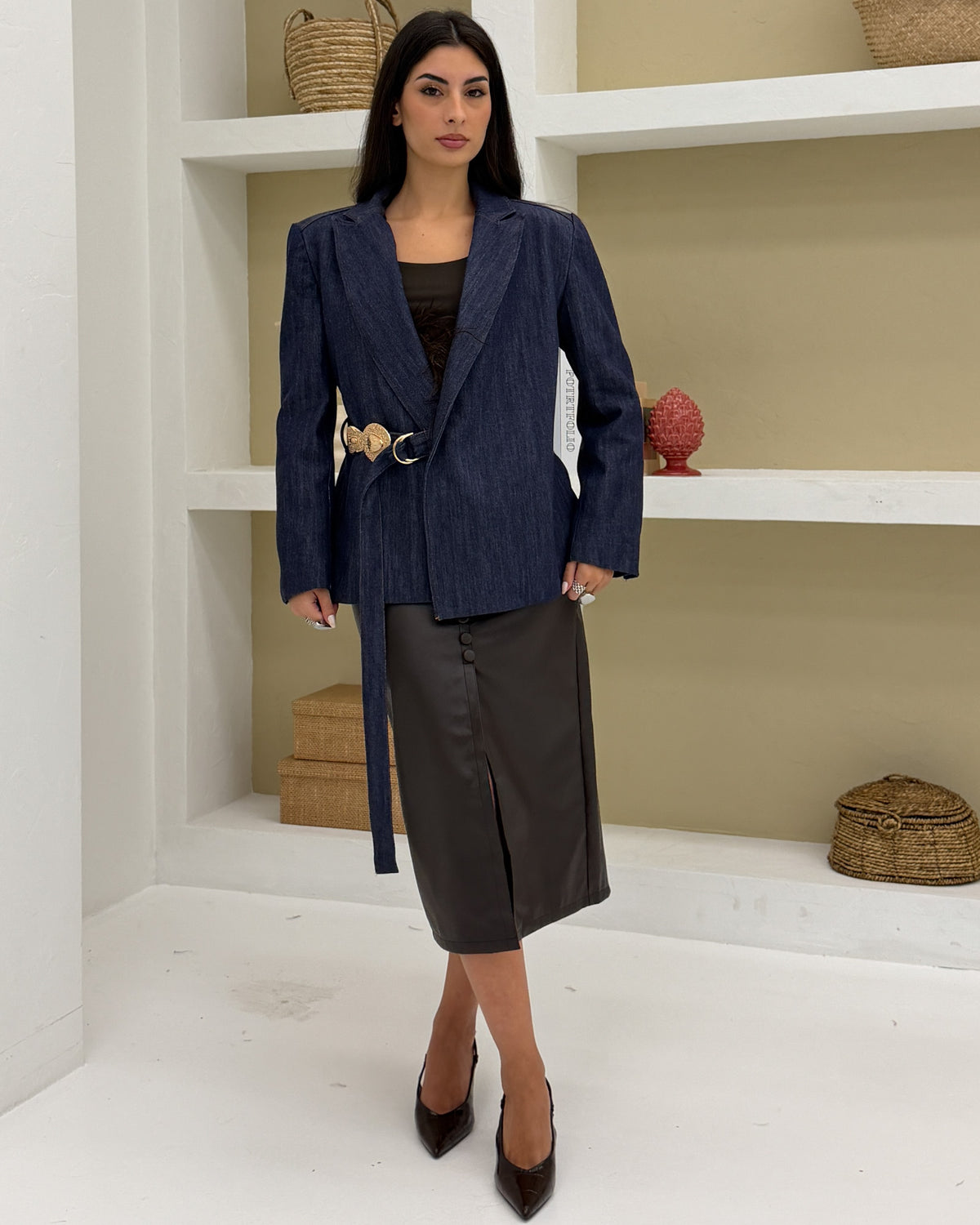 Blazer slim denim cintura Blu