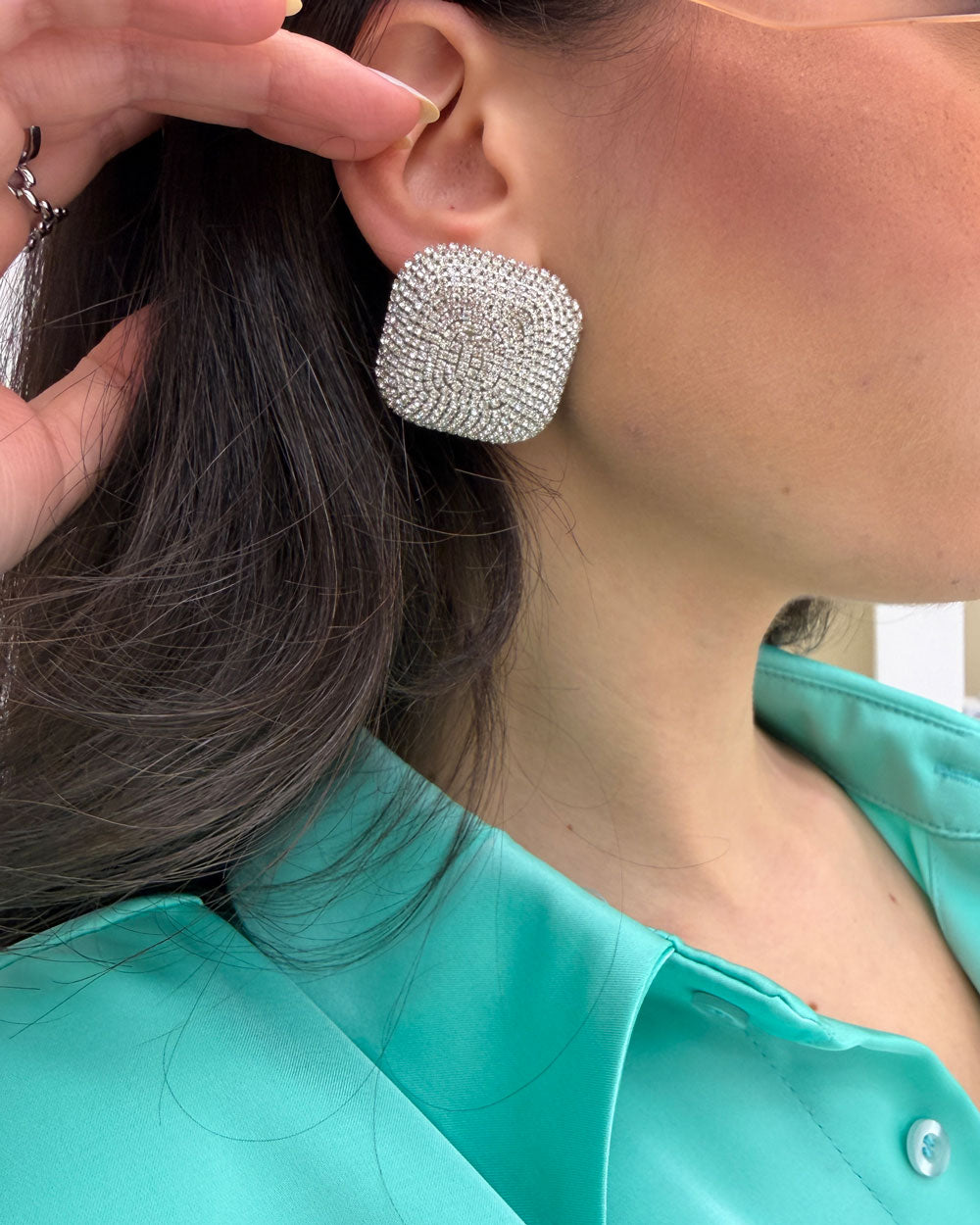 Orecchini Bottone Strass Argento