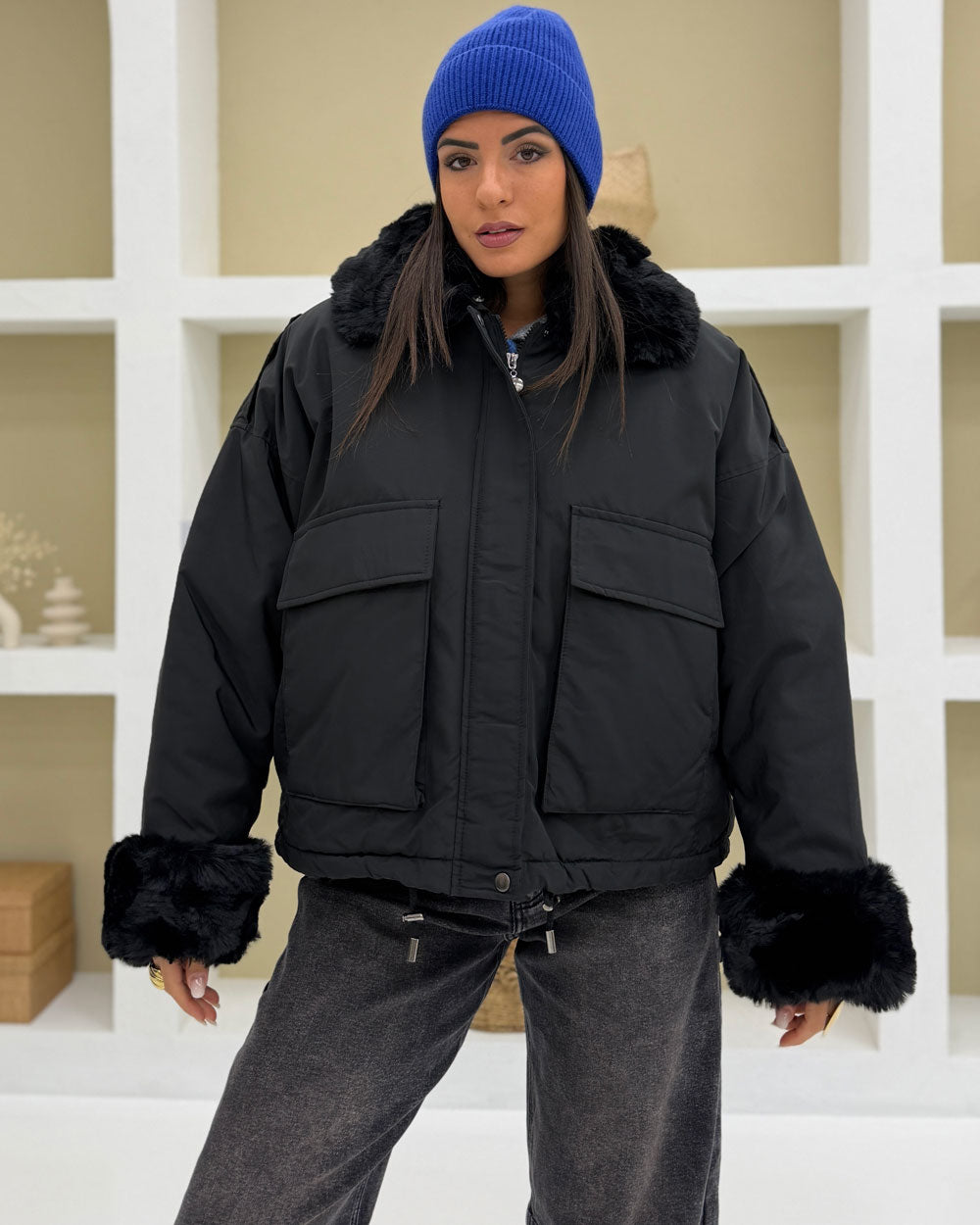 Bomber collo pelliccia B6620 Nero