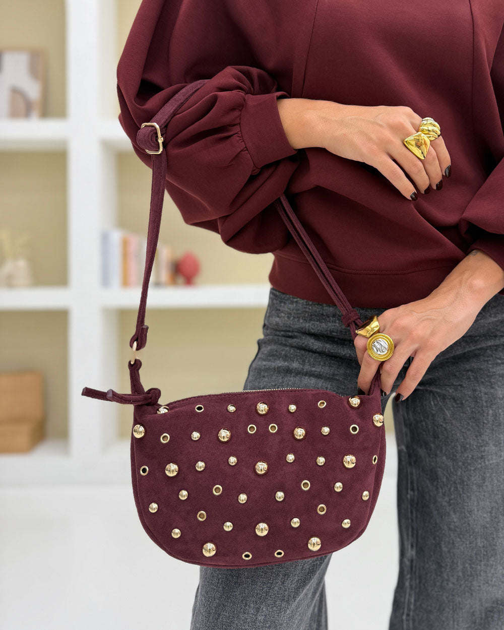 Borsa Suede Borchie Bordeaux