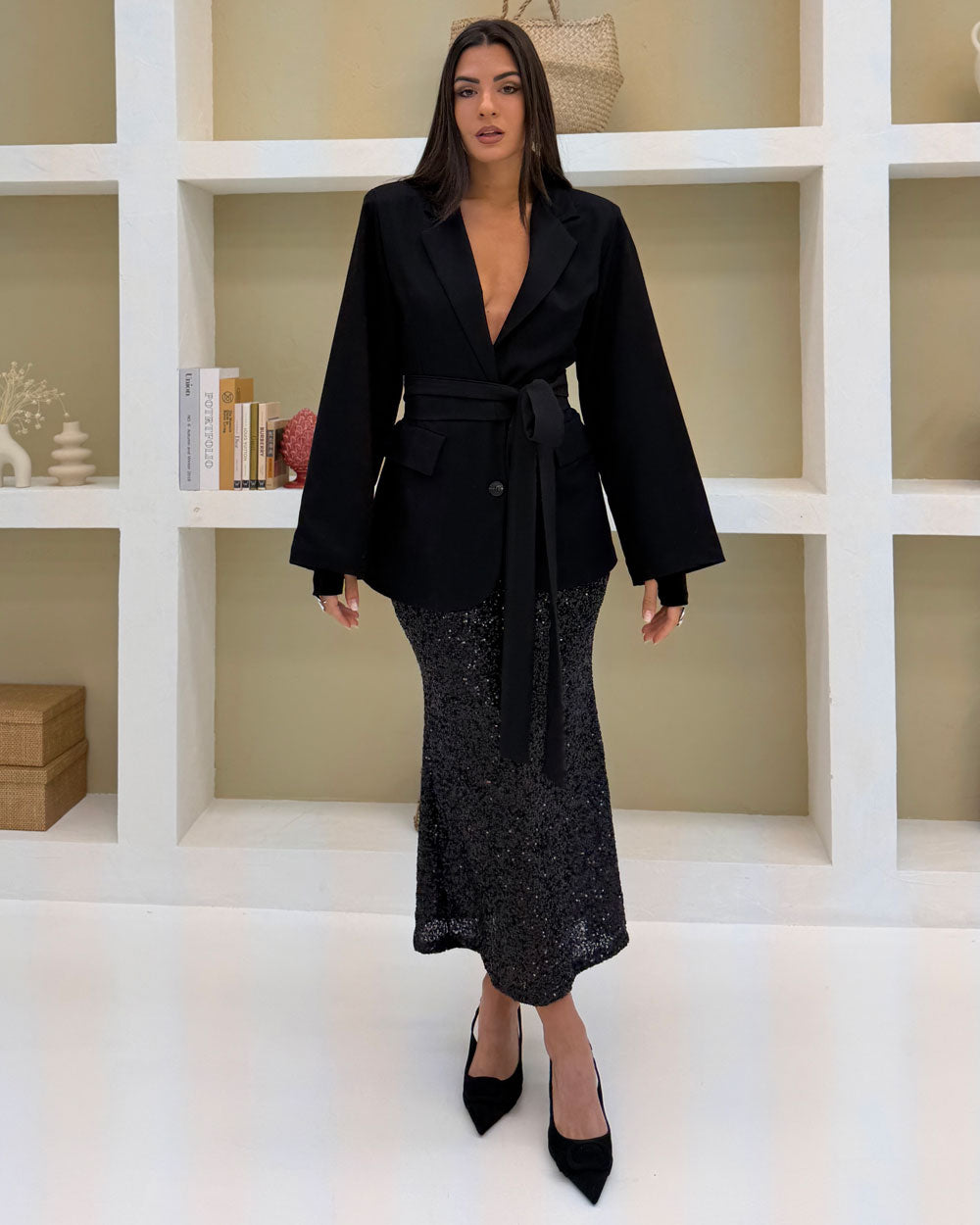 Blazer manica over con cintura Nero