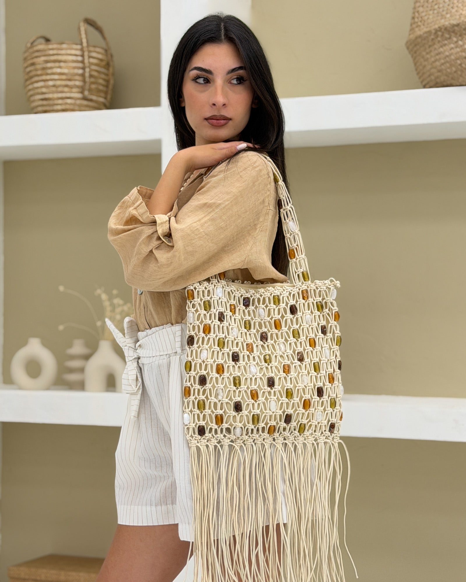 Borsa accessori frange Panna