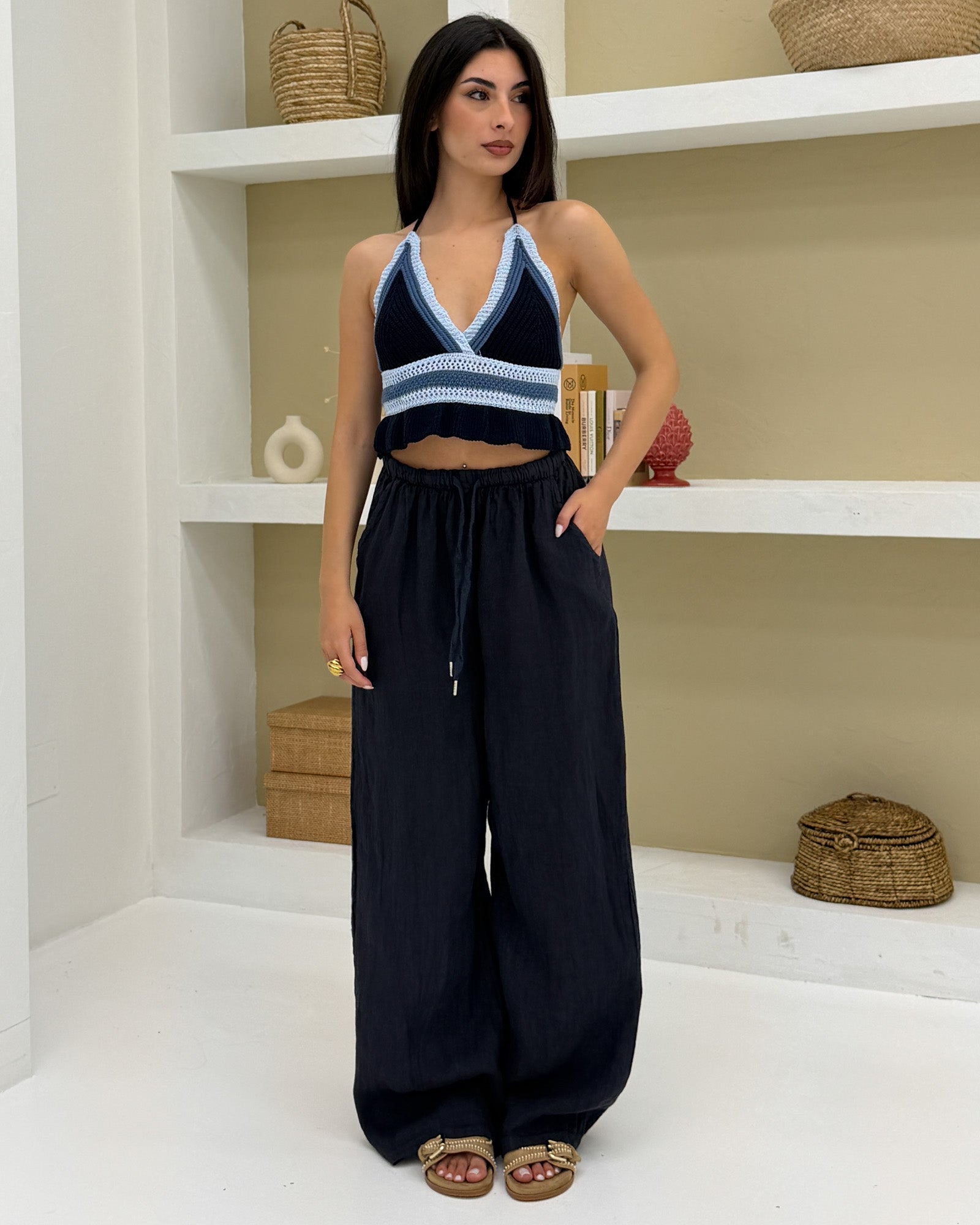 Pantalone 100% lino Blu
