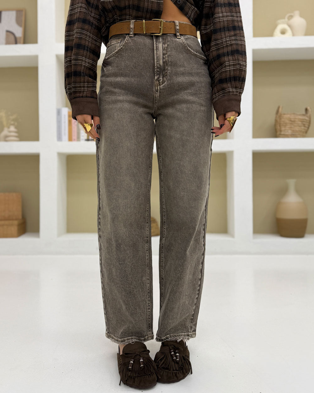 Jeans straight cintura H3980 Tortora