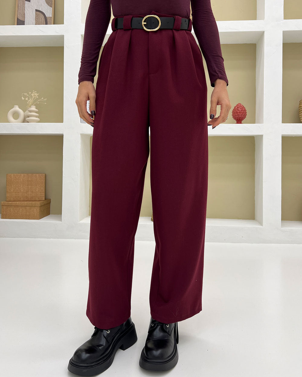 Pantalone cintura ecopelle Bordeaux