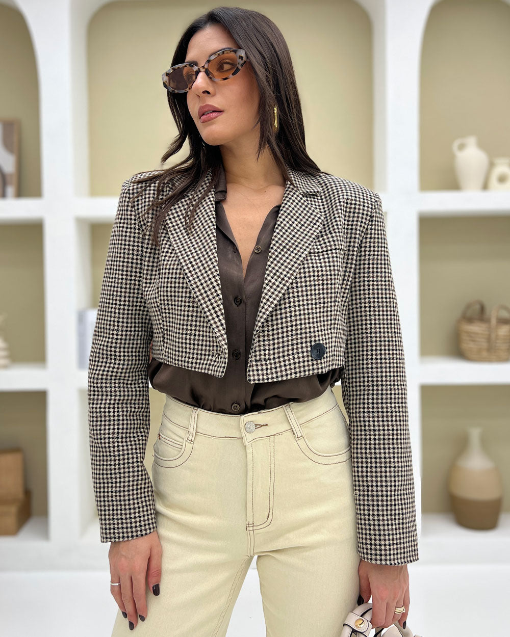 Blazer crop quadretti Marrone