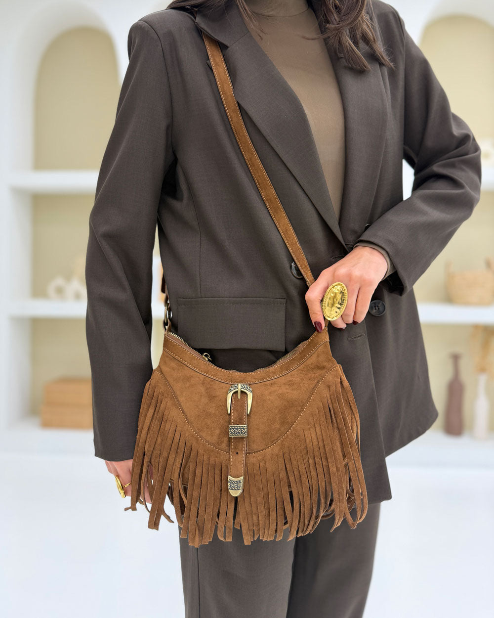 Borsa Qwerty frange Camel