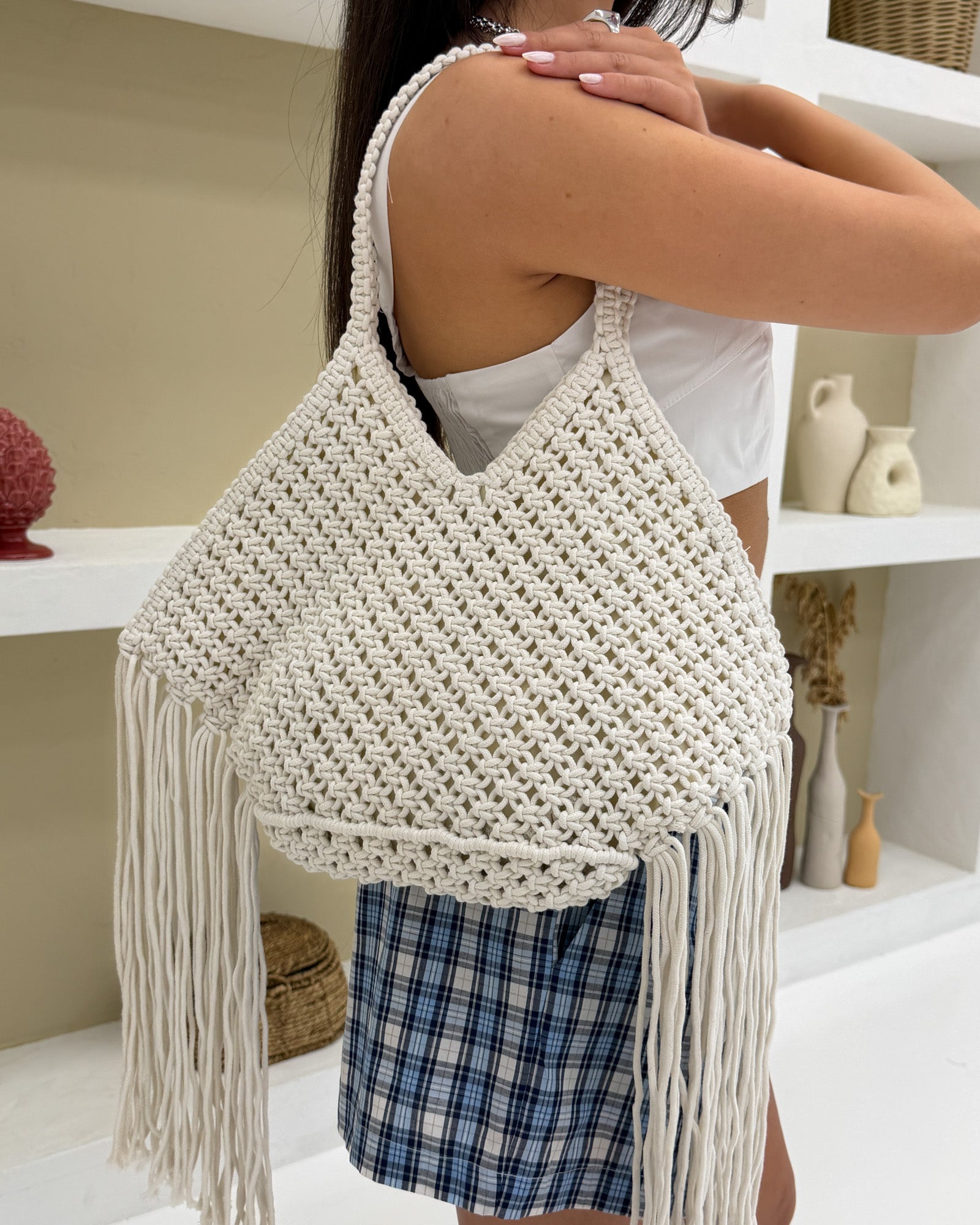Borsa frange tessuto Bianca