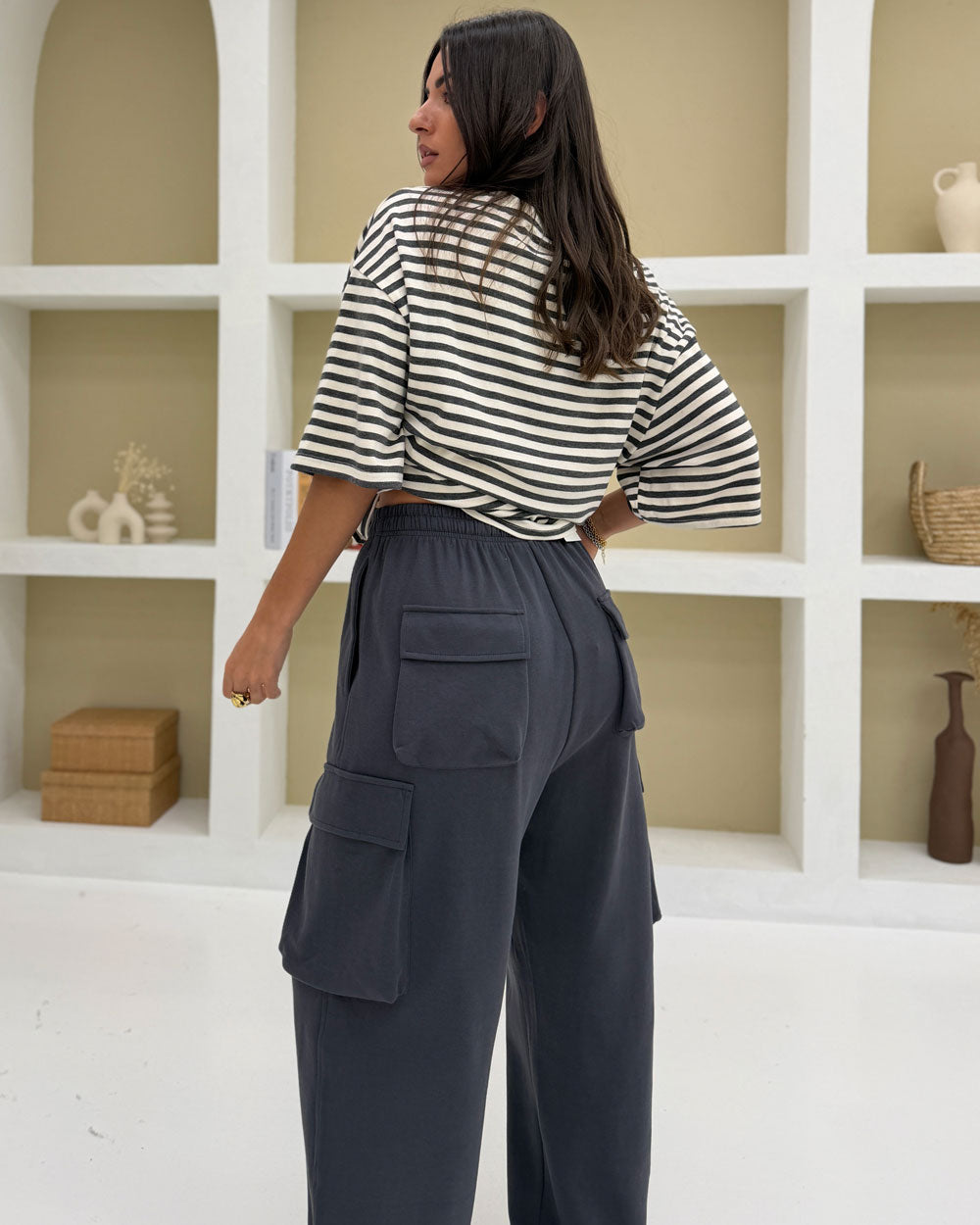 T-shirt rigata 53039A Grigio\Panna