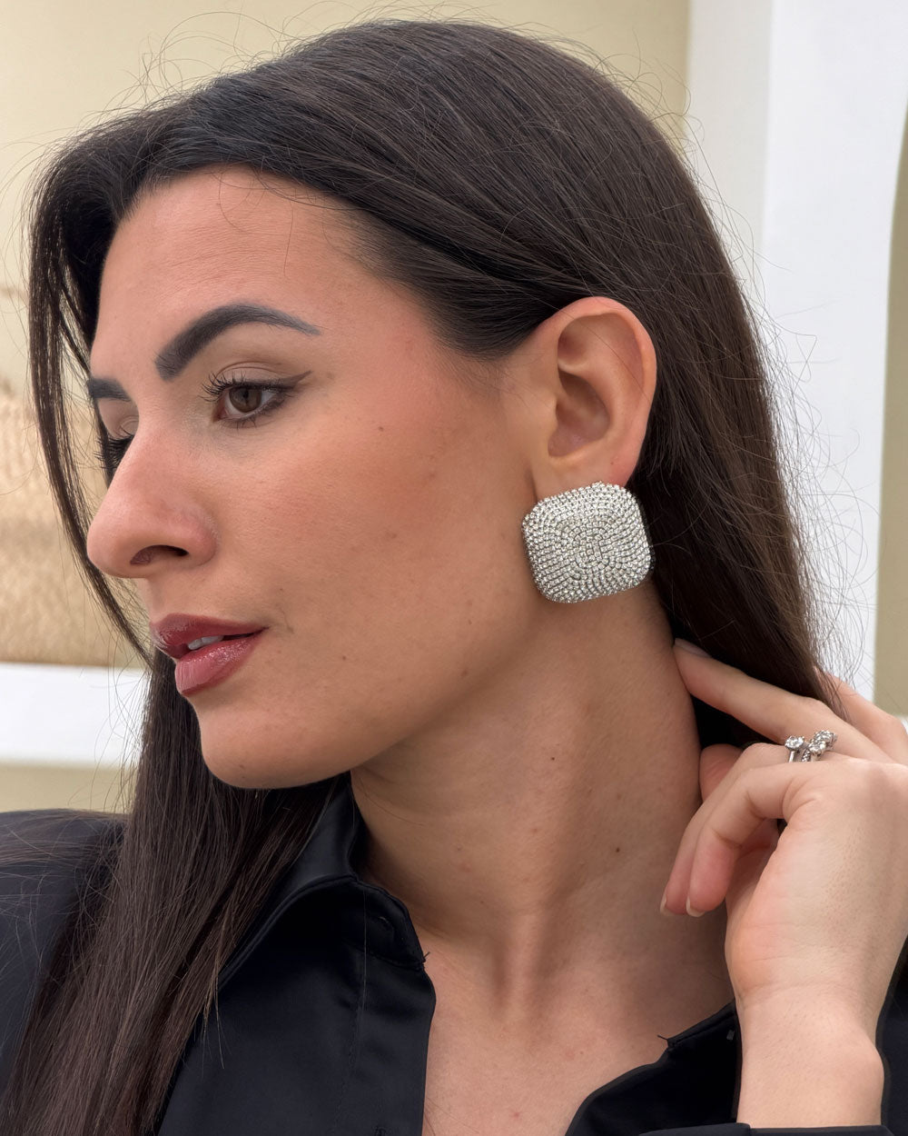 Orecchini Bottone Strass Argento