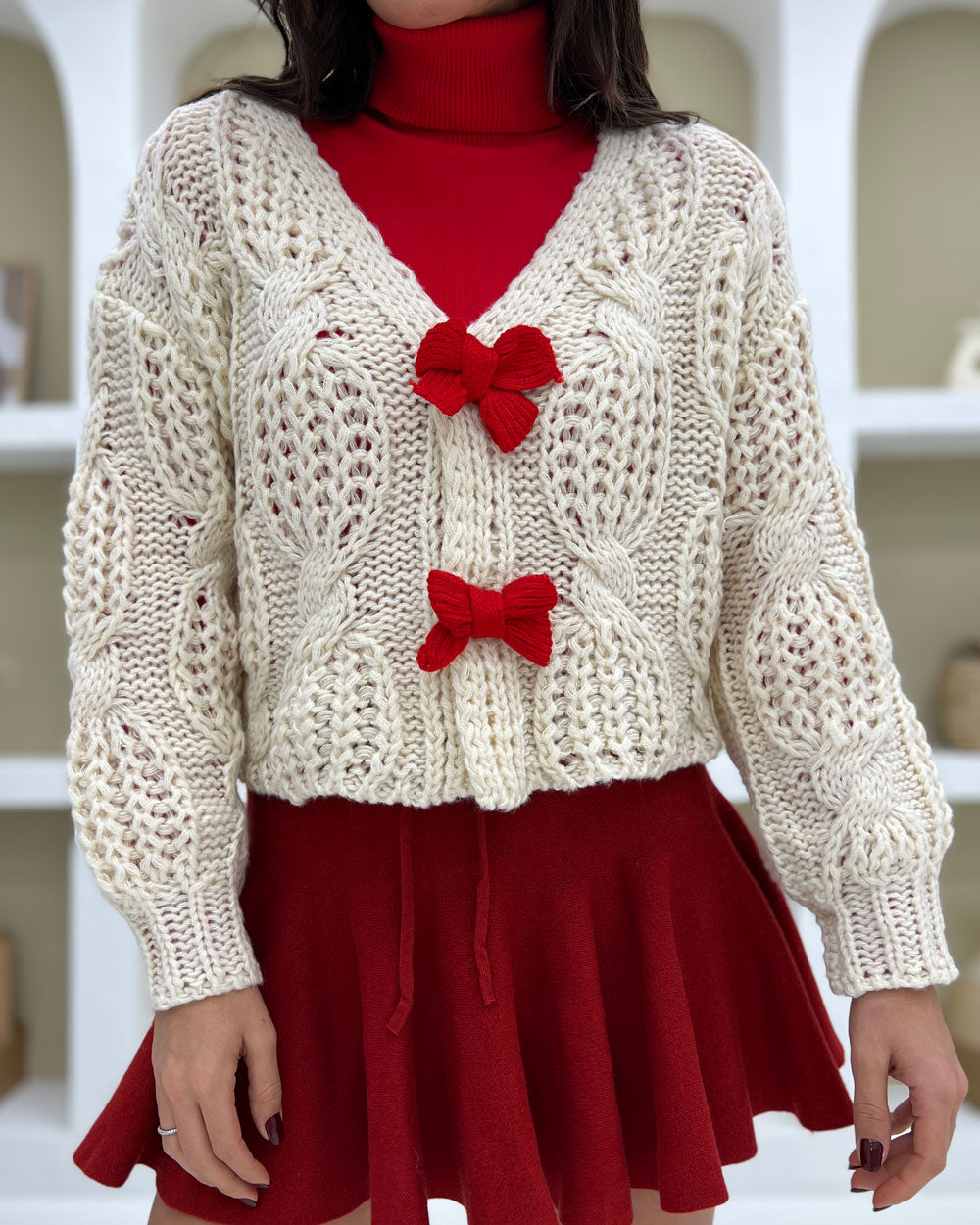 Cardigan chiusura fiocco Panna