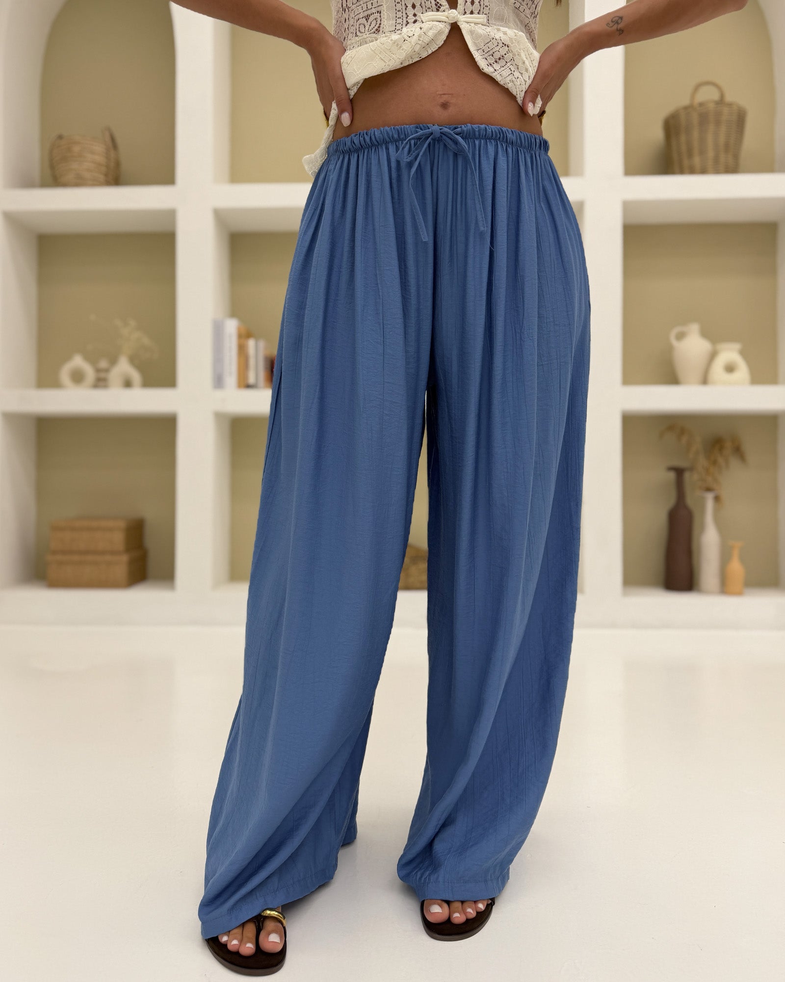 Pantalone palazzo Maracuja misto lino  Celeste