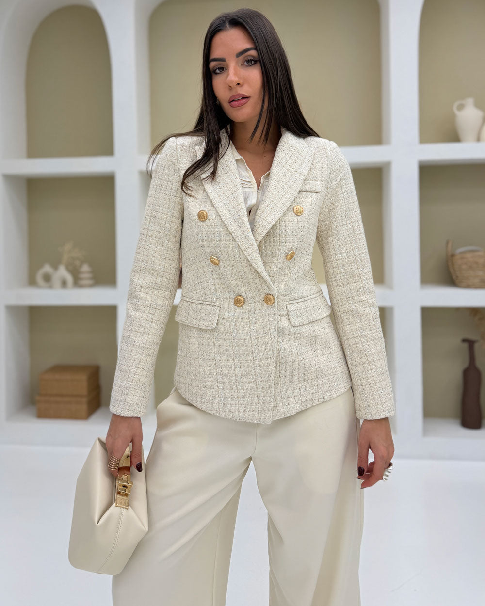 Blazer doppiopetto tweed Panna