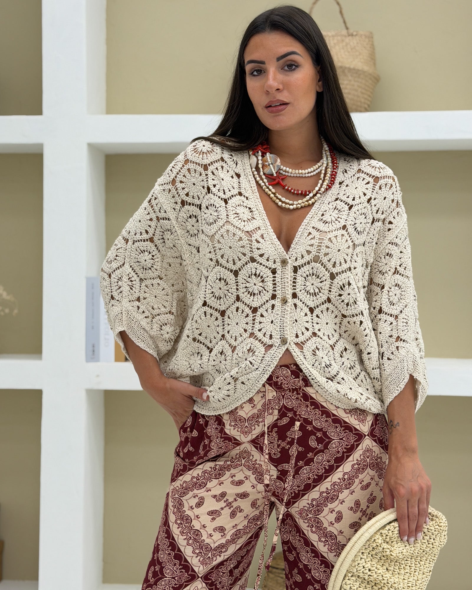 Cardigan Ricami Bottoni Panna